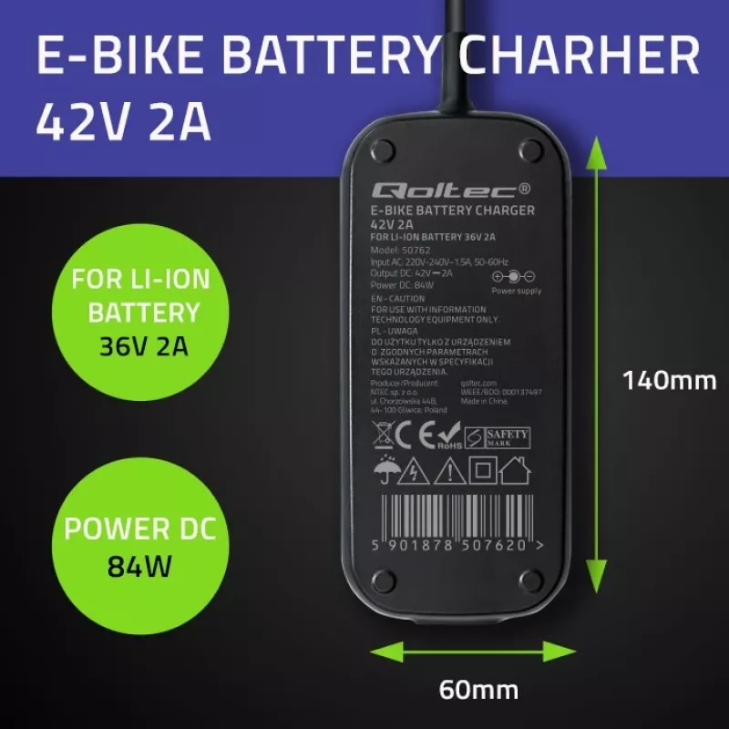 Charger QOLTEC for ebike Bosch 50762 36V/42V 2A
