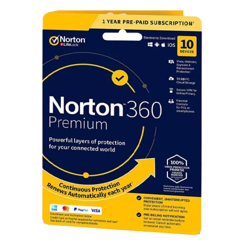 Norton 360 Premium | 10 Devices | 1 Year | 75 Gb Cloud Storage | EU | NON SUB |