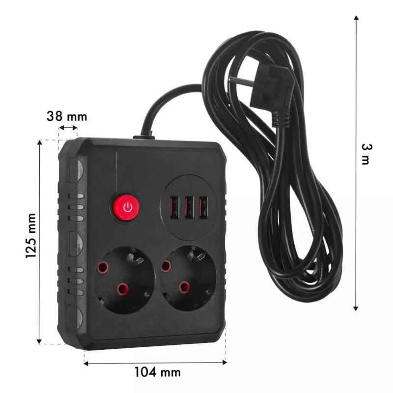 Power strip MACLEAN MCE388 B — 2 AC sockets, 3×USB A, 110–120V 50/60Hz, 2500W, 3 m cable, black