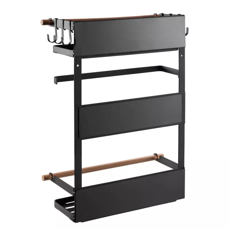 MACLEAN MC-910 Magnetic Kitchen Shelf Organizer with Towel Bar and 5 Hooks, Black, 5 kg Load Capacity