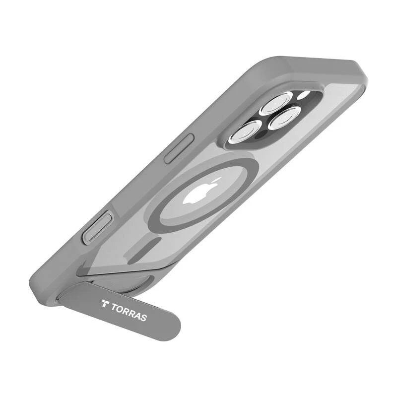 Protective phone case Torras Pstand Series for iPhone 16 Pro Max, gray, slim profile with integrated stand