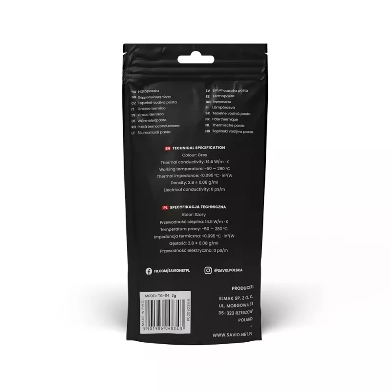 Thermal paste SAVIO TG-04 2g — high-performance CPU/GPU thermal grease, density 2.81 g/cm³, grey, 2 g