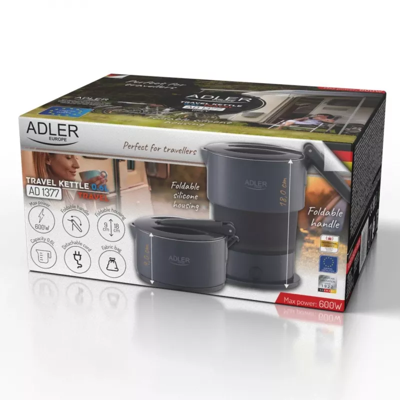 Electric kettle Adler AD 1377G, 0.6 L capacity, 600 W, grey, plastic/silicone/stainless steel