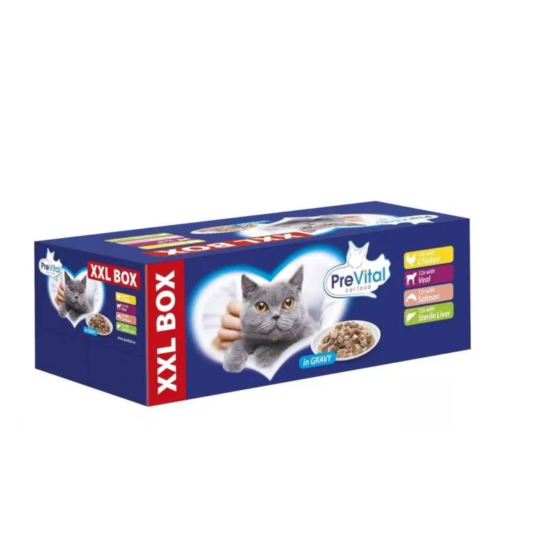 PREVITAL XXL BOX Flavor Mix with Chicken, Veal, Salmon, and Liver in Gravy - Wet Cat Food - 48 x 100g