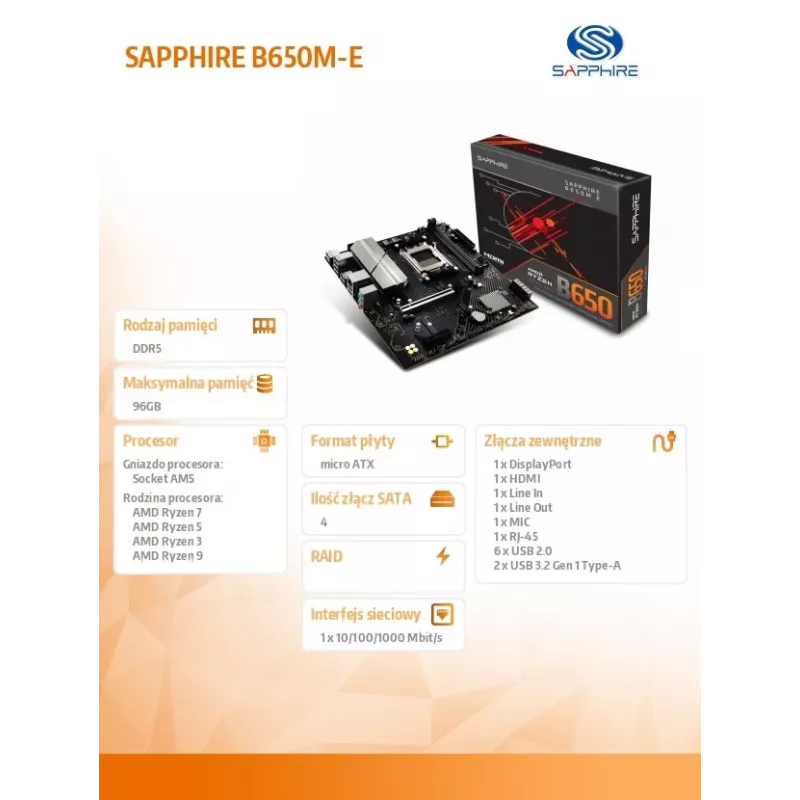 Motherboard Sapphire B650M-E (AMD B650) micro ATX, Socket AM5, DDR5, 2x DIMM, 96GB, 2x M.2 (PCIe5/4), 4x SATA III, 2.5Gb LAN