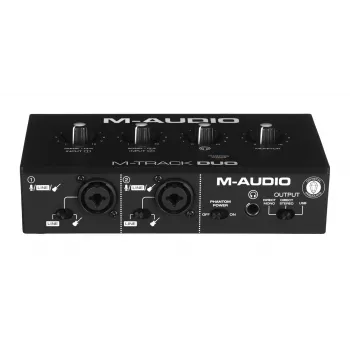 Audio interface M-Audio M-Track Duo — USB 2-in/2-out, 16-bit/48 kHz, 1x XLR/TS combo, 1x instrument input, phantom 48V