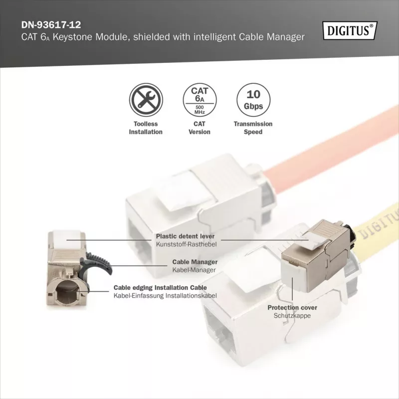 Keystone module DIGITUS CAT 6A shielded with intelligent cable manager, flat RJ-45, 14.5×34.5×21 mm — 12 pcs