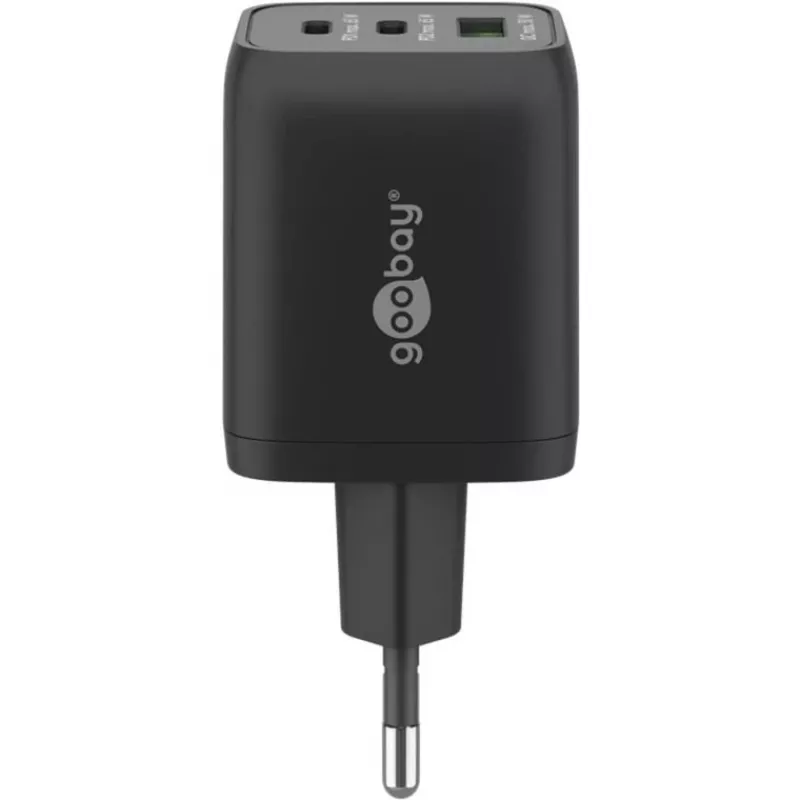 USB-C Fast Charger Nano, PD, GaN, 65 Watt, USB-C Braided Cable (black, 1x USB-A, 2x USB-C PD, Quick Charge 3.0, 1 Meter Cable)