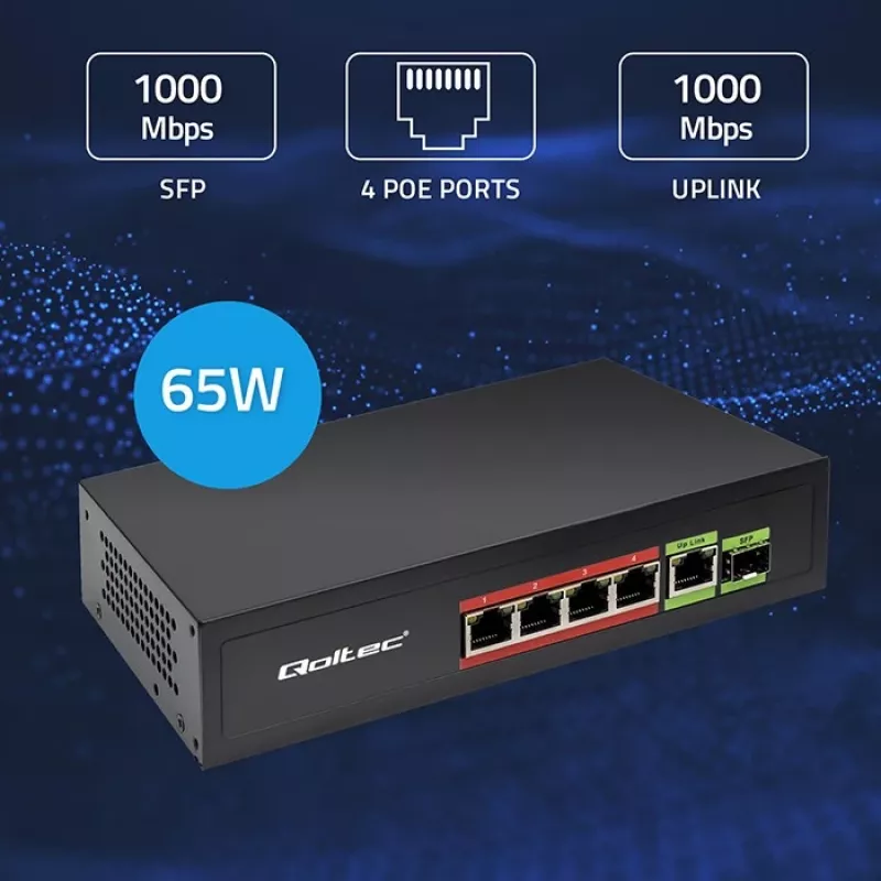 Ethernet PoE Switch QOLTEC 52296 — 4x RJ45 PoE ports, 1x RJ45 uplink