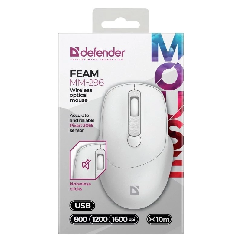 Wireless mouse DEFENDER 52297 Silent Click — ambidextrous, 2.4 GHz nano USB, 1600 DPI, white