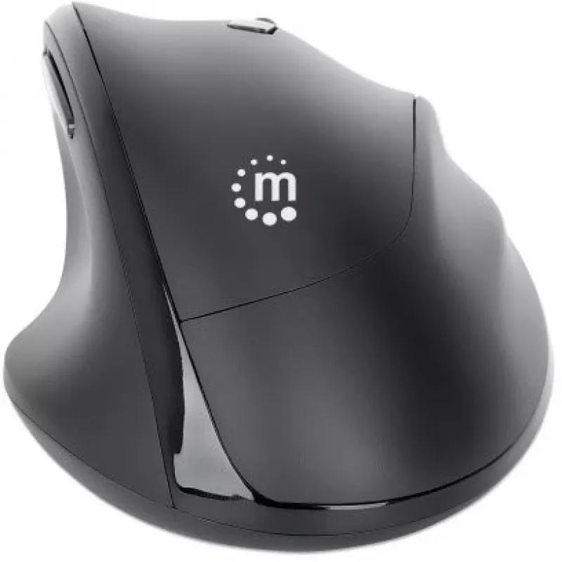 Manhattan Ergonomic Wireless Mouse, Right Handed, Adjustable 800/1200/1600dpi, 2.4Ghz (up to 10m), Six Button with Scroll Wheel, Combo USB=A and USB-C receiver, Black, AA battery (included), Three Year Warranty