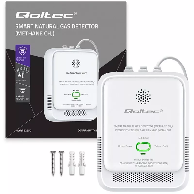 Gas leak sensor QOLTEC NG 85dB LE – natural gas (CH4) detector, audible alarm 85 dB
