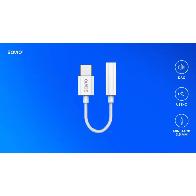 USB Type 3.1 C (M) – Jack 3.5mm (F) Audio adapter White SAVIO AK-52