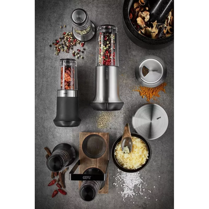 Salt and Pepper Mill Set GEFU X-plosion 11 cm Black — manual tabletop grinders, ceramic mechanism