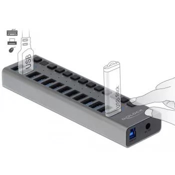DeLOCK External USB 5 Gbps Hub with 13 Ports + Switch, USB 3.2 Gen 1 (3.1 Gen 1) Type-B, USB 3.2 Gen 1 (3.1 Gen 1) Type-A, 5000 Mbit/s, Grey, Aluminium, 1 m