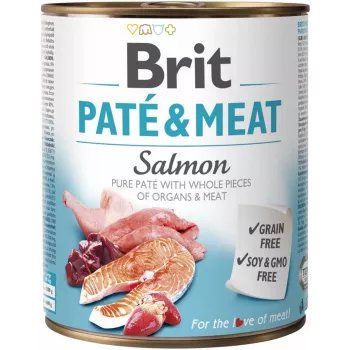 Wet dog food Brit Paté & Meat with Salmon 800 g – complete canned adult dog food, chicken flavour, grain-free, 75% moisture