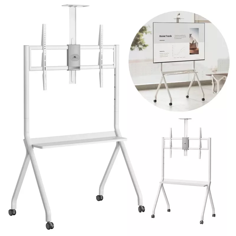 Floor TV stand MACLEAN MC-114 W for displays 55 inch–100 inch, white, VESA up to 900x600, max load 120 kg, height 115–152 cm, shelf