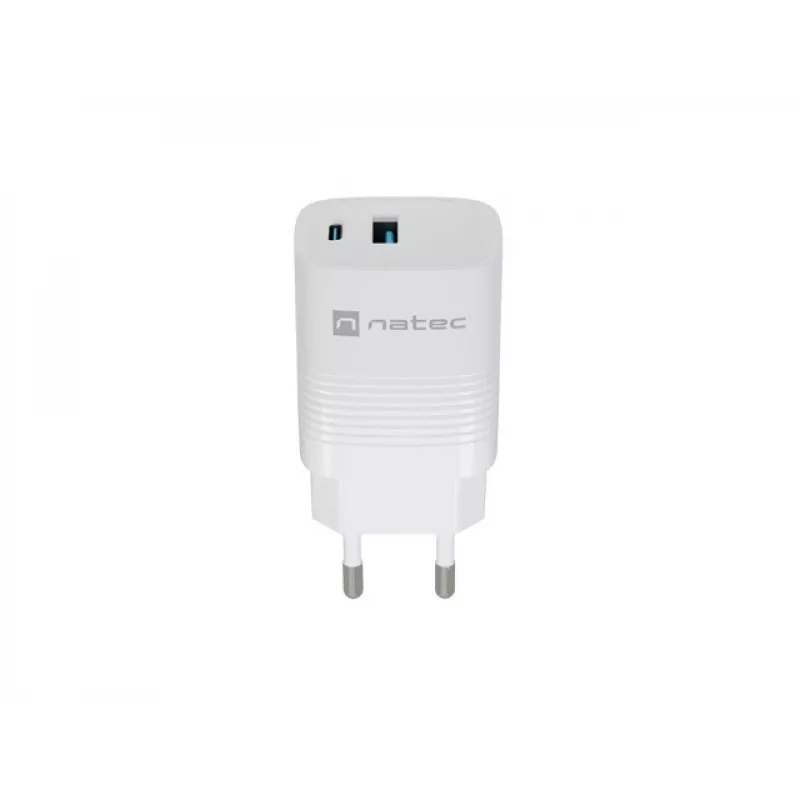 Wired mobile device charger NATEC NUC-2140, 30W, USB-C PD 3.0 + USB-A, Samsung AFC, White