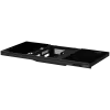Dual-motor sit/stand adjustable-height gaming desk with built-in PC case, wireless charger, RGB lighting, control panel, and USB ports, tempered glass tabletop, black.