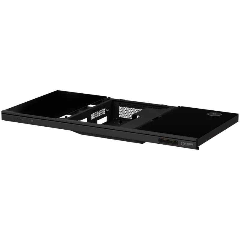 Dual-motor sit/stand adjustable-height gaming desk with built-in PC case, wireless charger, RGB lighting, control panel, and USB ports, tempered glass tabletop, black.
