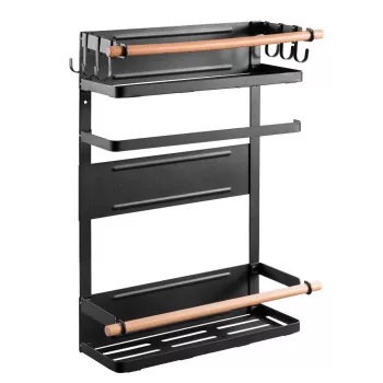 MACLEAN MC-910 Magnetic Kitchen Shelf Organizer with Towel Bar and 5 Hooks, Black, 5 kg Load Capacity
