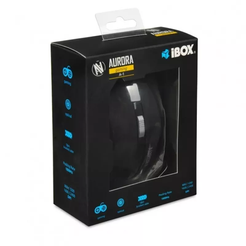 Wired optical mouse IBOX Aurora A-1 — right-hand, 6 buttons, 2400 DPI, USB Type-A, LED illumination, 1.8 m cable