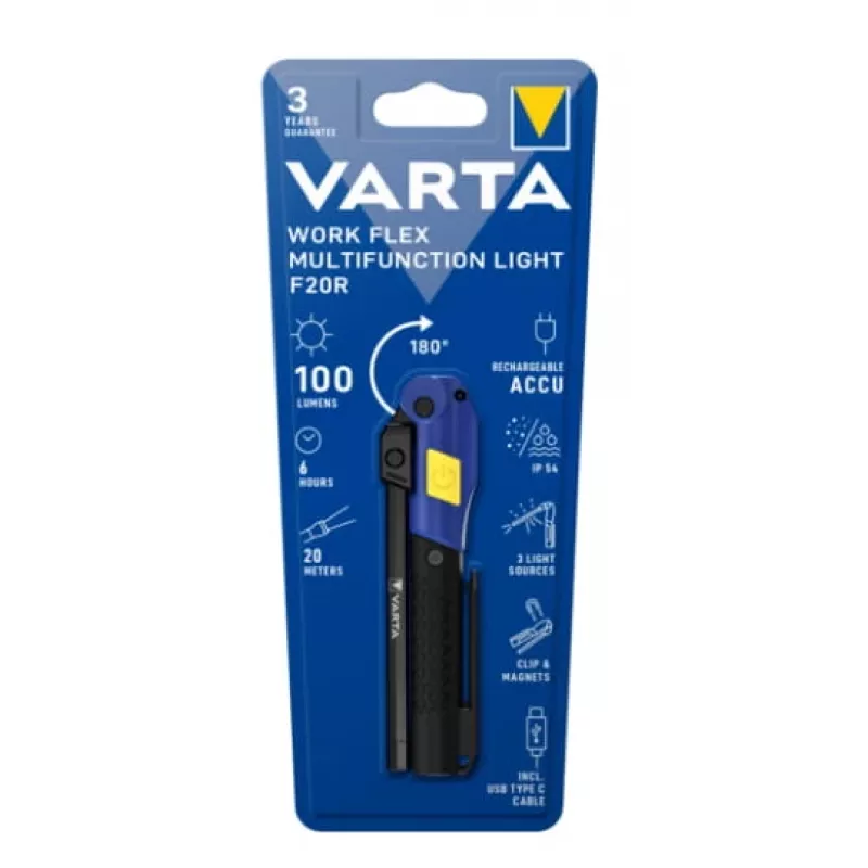 Handheld work light Varta Work Flex Black LED, 100 lm, built‑in battery, 6 h, aluminium/nylon/PC/rubber, 120 mm