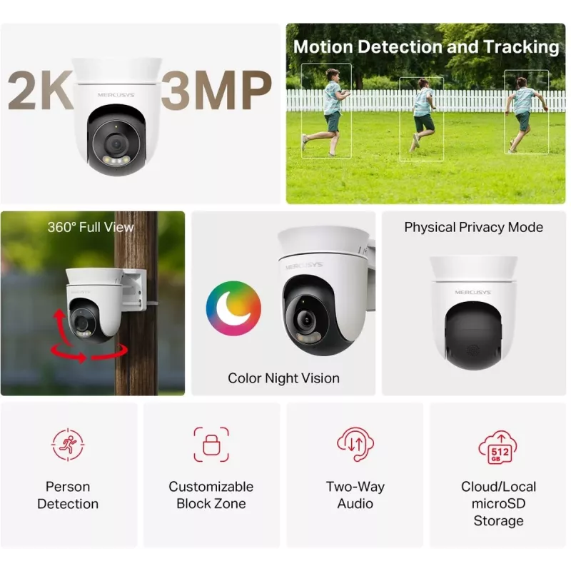 IP security camera MERCUSYS MC510 dome 2 MP, 2304×1296, 30 fps, Wi‑Fi & Ethernet, IR night vision, ceiling mount, white