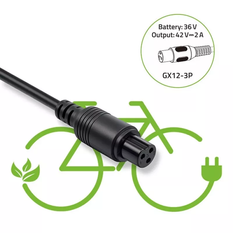E-bike charger QOLTEC 36V–42V 2A with GX12 3-pin connector