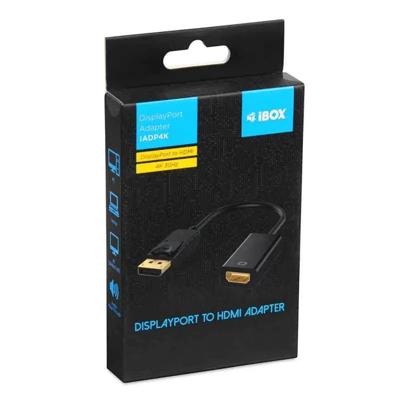 DisplayPort to HDMI cable adapter IBOX iadp4k — DisplayPort (male) to HDMI (female), straight connectors, 4K support, silver