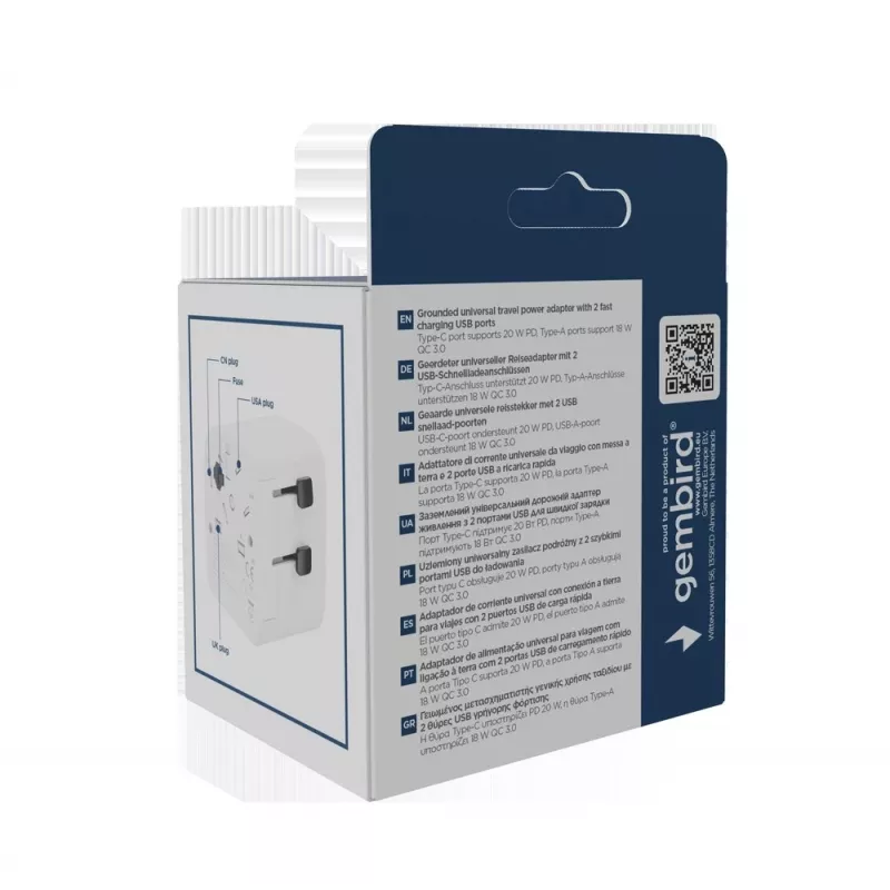 Travel power adapter GEMBIRD TPA-EU1A1C20-01-W 20W, USB-A 18W + USB-C 20W, Schuko socket, input 100–250V