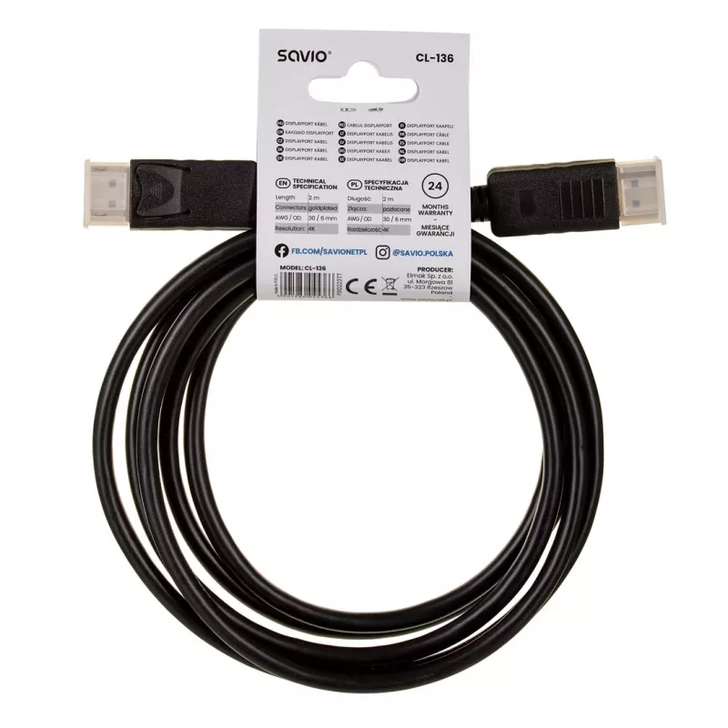 DisplayPort cable SAVIO CL-136, DisplayPort male–male, 2 m, DP 1.2, gold contacts, black