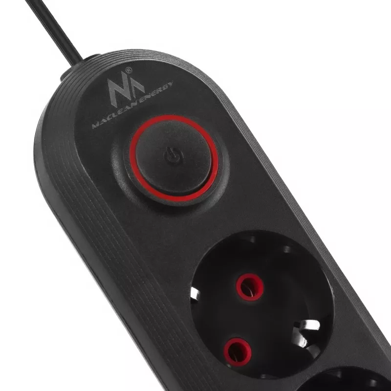 Power strip MACLEAN MCE394 B — 3 sockets + 3×USB A, 110–240V, 2.1A USB, 2500W, 1.5 m cable, black