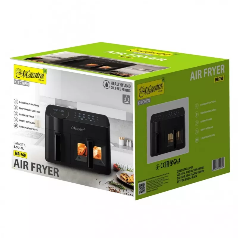 Electric hot air fryer Maestro MR-760 — countertop double-construction, 3.5 L + 6 L, touch control, 2000–2400 W, black