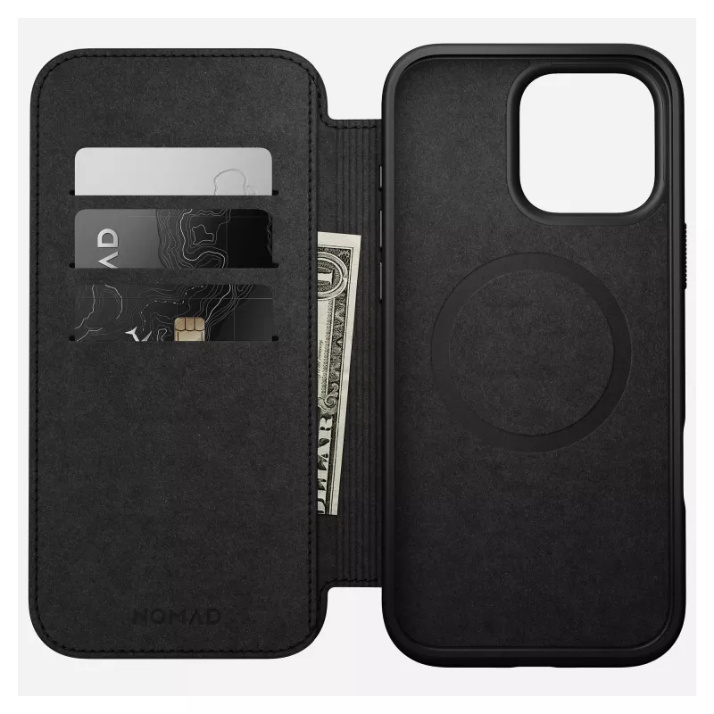 Folio phone case Nomad NM01675785 for Apple phones, fits up to 17.5 cm (6.9 inch), Black, 3 card pockets, desktop stand