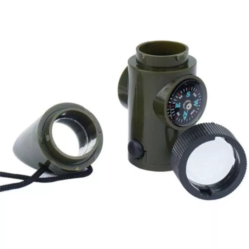 Multifunctional survival whistle Mil-Tec SP.22073 — 6-in-1 olive, compass, thermometer, mirror, magnifier, light, 100×35×30 mm
