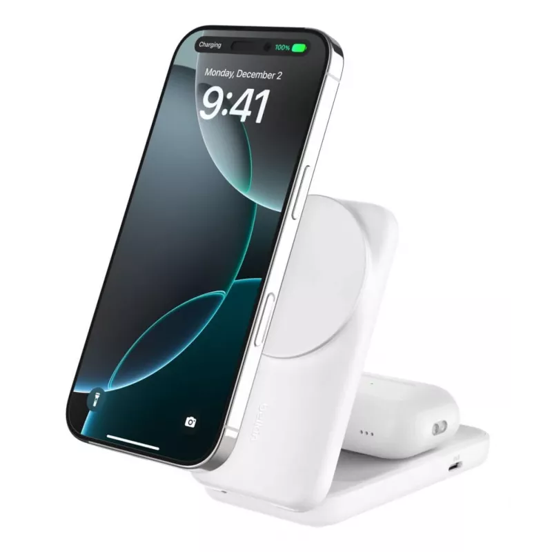Belkin UltraCharge 25W Qi2 2-in-1 Foldable Wireless Charging Stand, White (WIZ038KQWH)