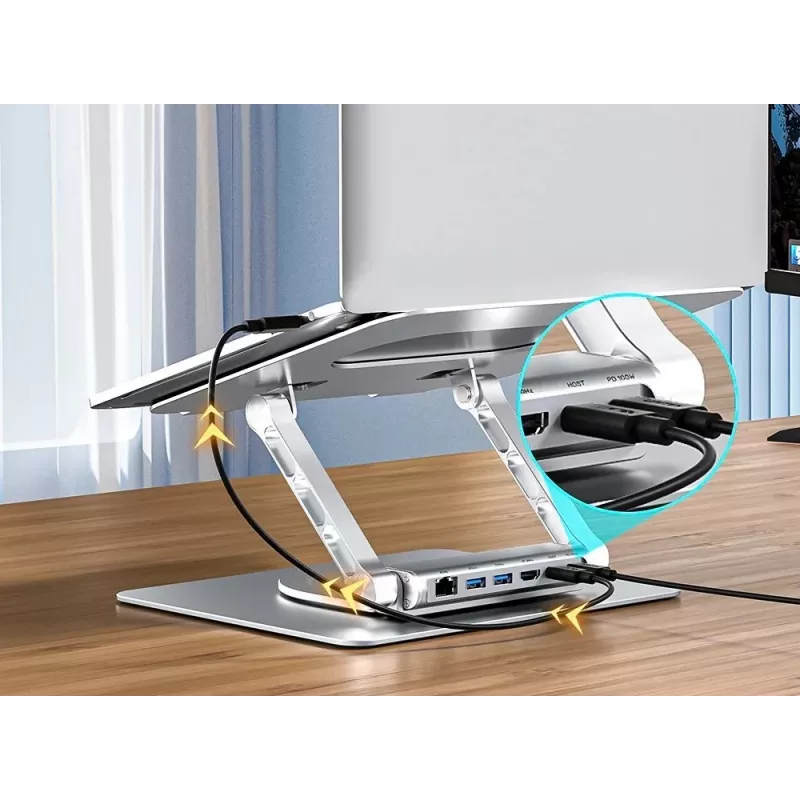 Laptop stand Unitek D1109B01 — aluminium adjustable stand with detachable USB‑C HDMI 4K PD 100W, 2x USB‑A, RJ‑45, for up to 17 inch
