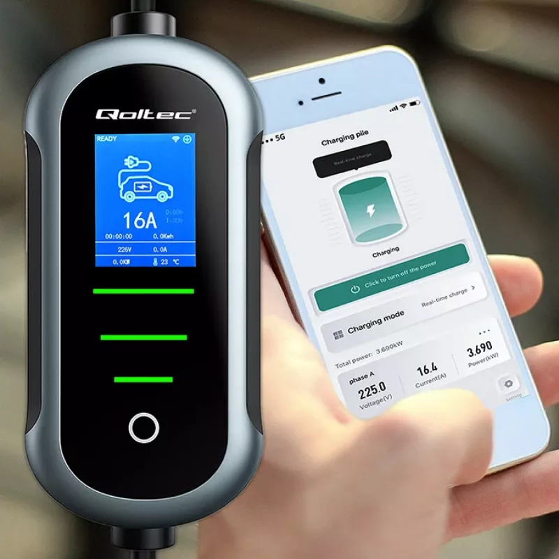 Electric car charger QOLTEC Mobile EV 2in1 Type2 11 kW 400 V Wi‑Fi TUYA SMART LIFE LCD portable wallbox 5 m cable