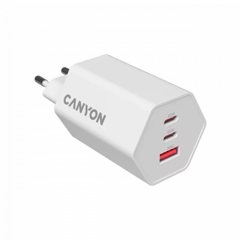 CANYON charger HEXAGON 65 GaN 65W 2xPD 1xQC EU White CND-CHAHEX65W