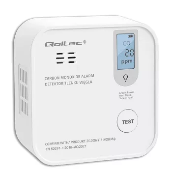 Carbon monoxide sensor QOLTEC 52577 — battery-powered alarm, 85 dB sound level