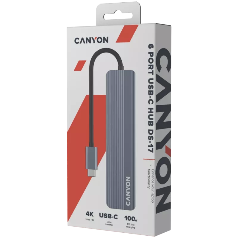 USB Type-C hub CANYON DS-17 — HDMI, USB 3.2 Gen 1 A, USB-C, MicroSD, 10000 Mbit/s, grey