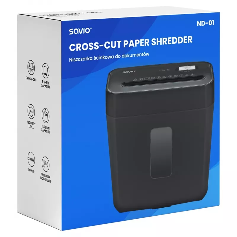 Paper shredder SAVIO ND-01, cross-cut 4 x 32 mm, 11 L bin, 230 W, black, 72 dB
