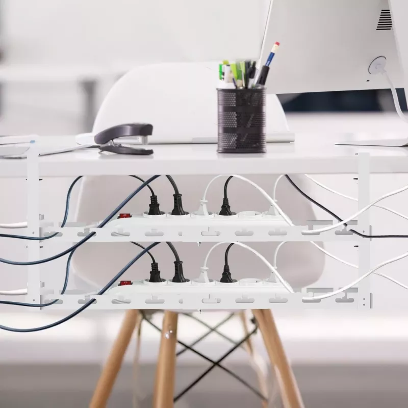 Under-desk cable organizer MACLEAN MC-102W — steel under-desk mount, adjustable length, fits 0.5–5 cm desks, load 5 kg, white