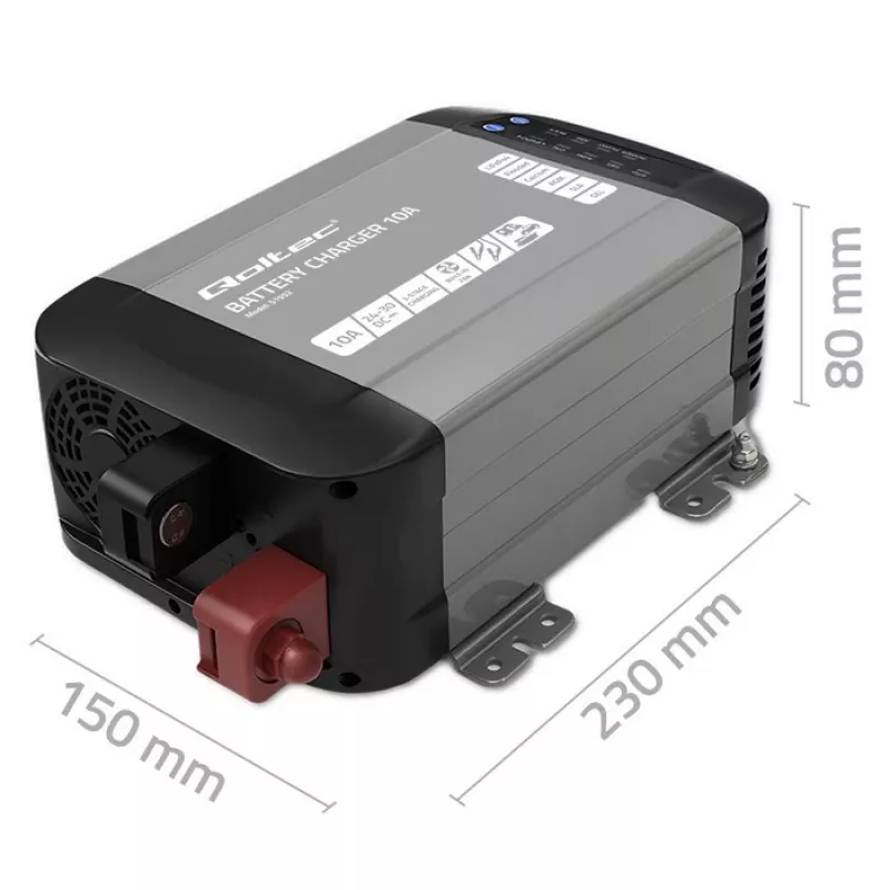 Qoltec 51952 Smart Monolith Battery Charger for LiFePO4/AGM/GEL/SLA, 10A, 24V