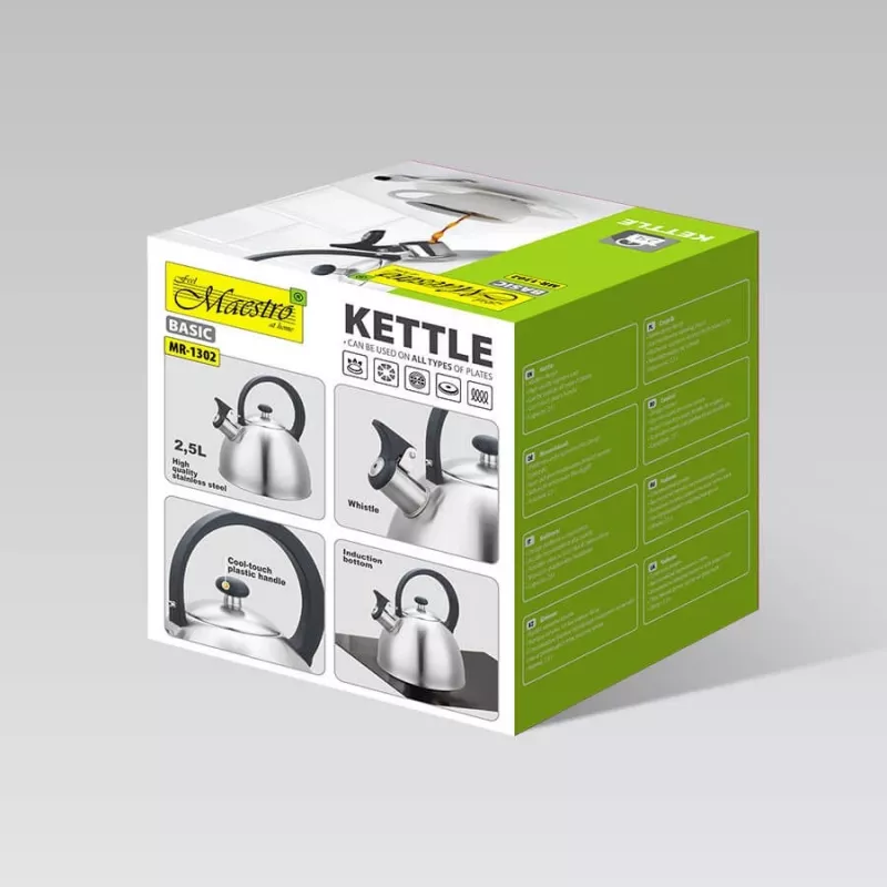Kettle Maestro MR1302 stainless steel 2.5 L, induction-ready, hinged whistle, black handle