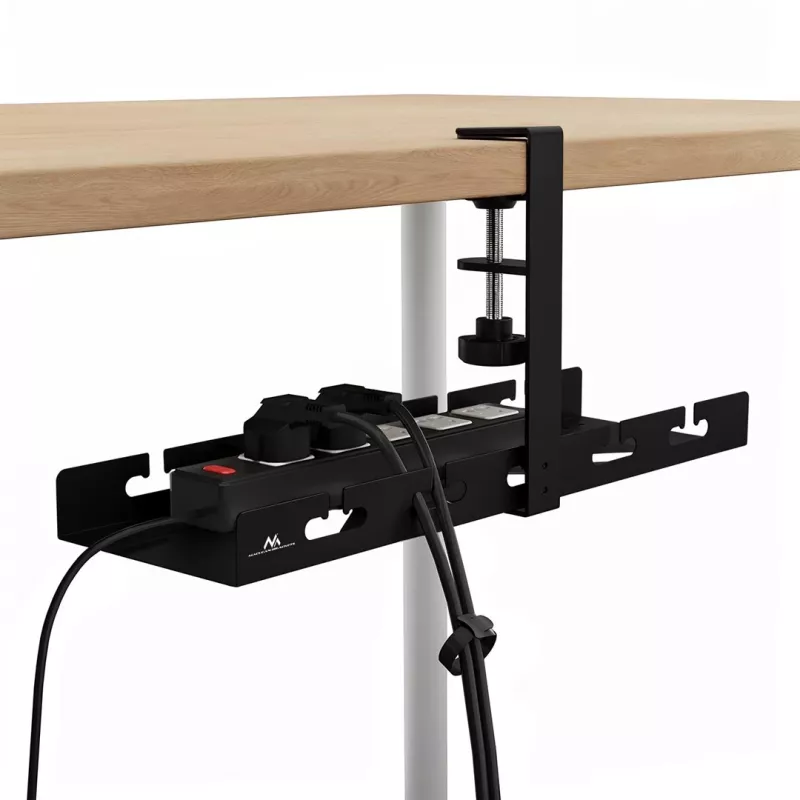 Under-desk cable organizer MACLEAN MC-105 B, steel, adjustable, fits desk thickness 0.5–50 mm, max load 5 kg, black