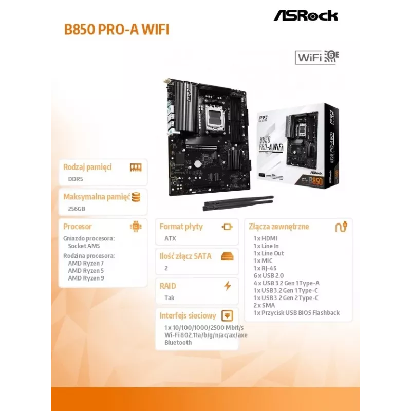 Motherboard ASRock B850 Pro-A WiFi AMD B850 Socket AM5 ATX