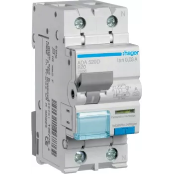 Hager RCBO Switch 1P+N 10kA B-20A 30mA ADA520D (ADA520D)