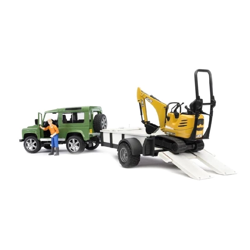 Toy Vehicle BRUDER Land Rover Defender with trailer CAT and man